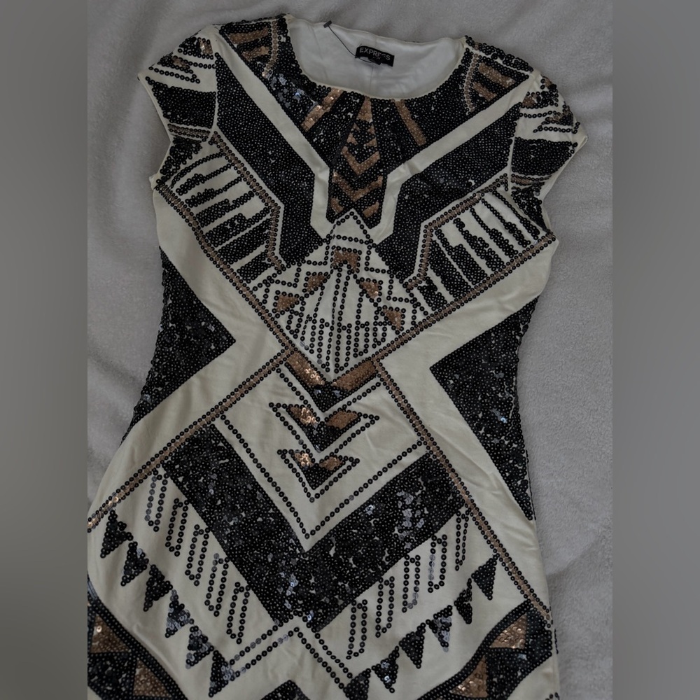 Express Geometric Sequin Mini Dress - Black, White, Tan - Picture 2 of 3